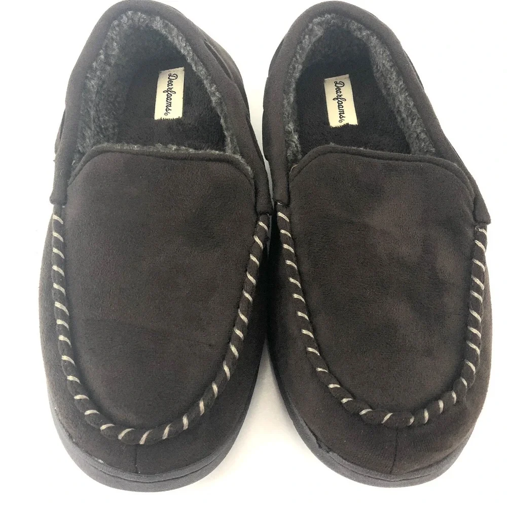Dearfoams Slippers Men's Size 9-10 W Medium Wide Brown Memory Foam Moccasins EUC
